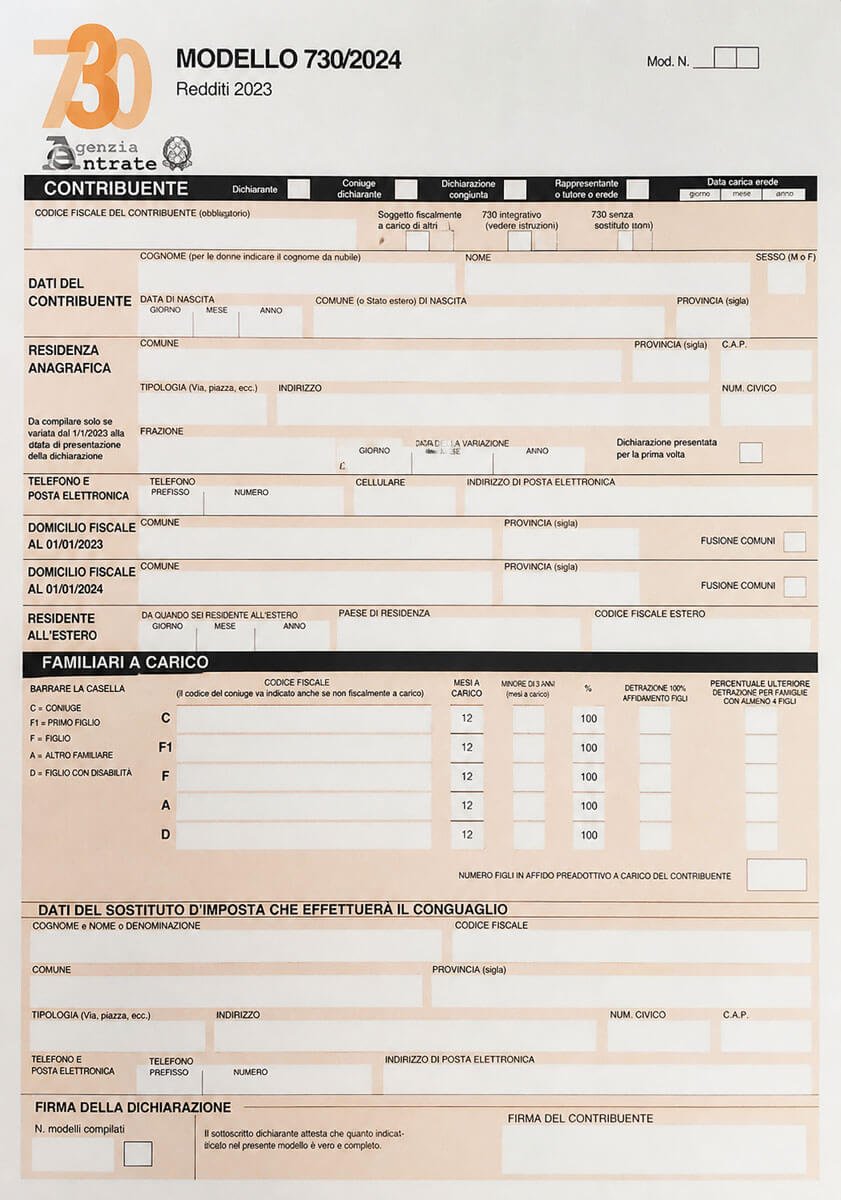 Modello-730 formularze podatkowe z Włoch do tłumaczenia przysięgłego PIT CU 730 Redditi PF